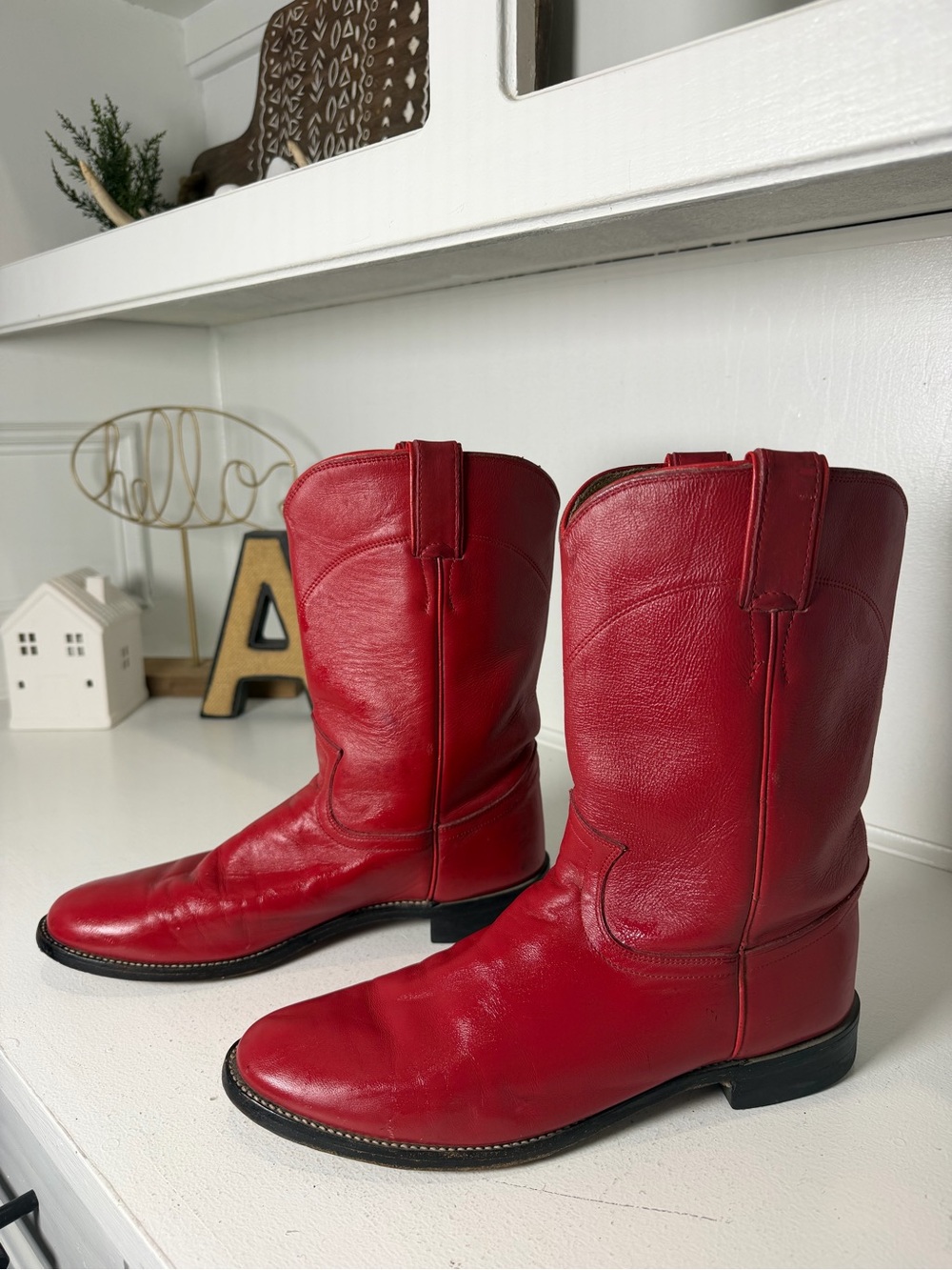 Vintage Justin Womens 9B Cherry Red Leather Cowboy Boots Western Cowgirl USA